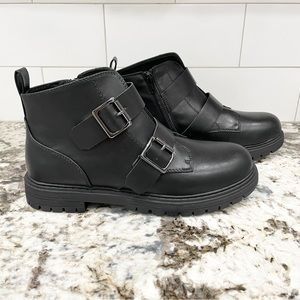 9, 9.5 SO Black with silver buckle faux leather ankle combat booties